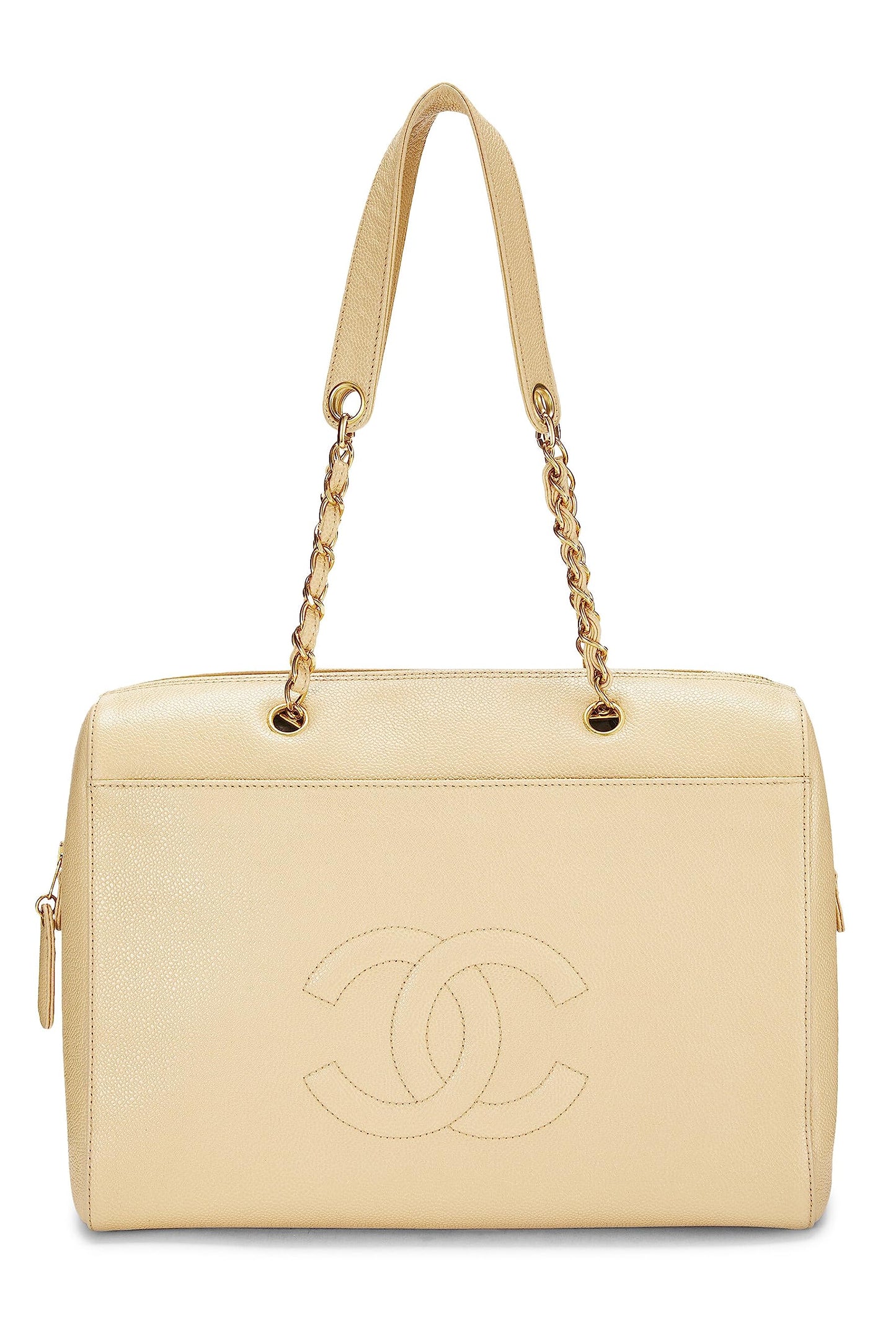 Chanel, petit sac fourre-tout zippé beige caviar d'occasion, beige