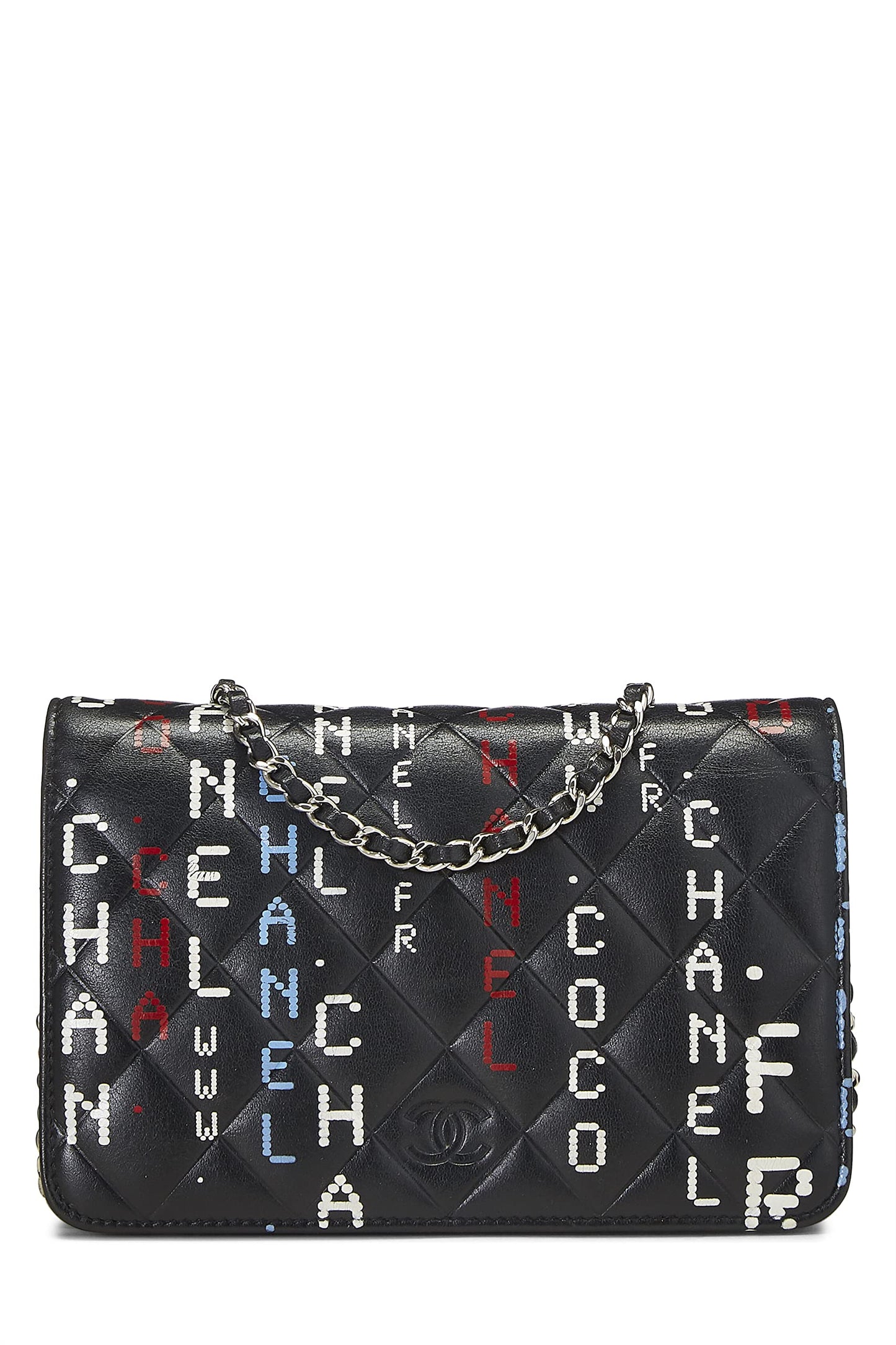 Chanel, portefeuille de centre de données en cuir d'agneau noir et multicolore sur chaîne (WOC), noir