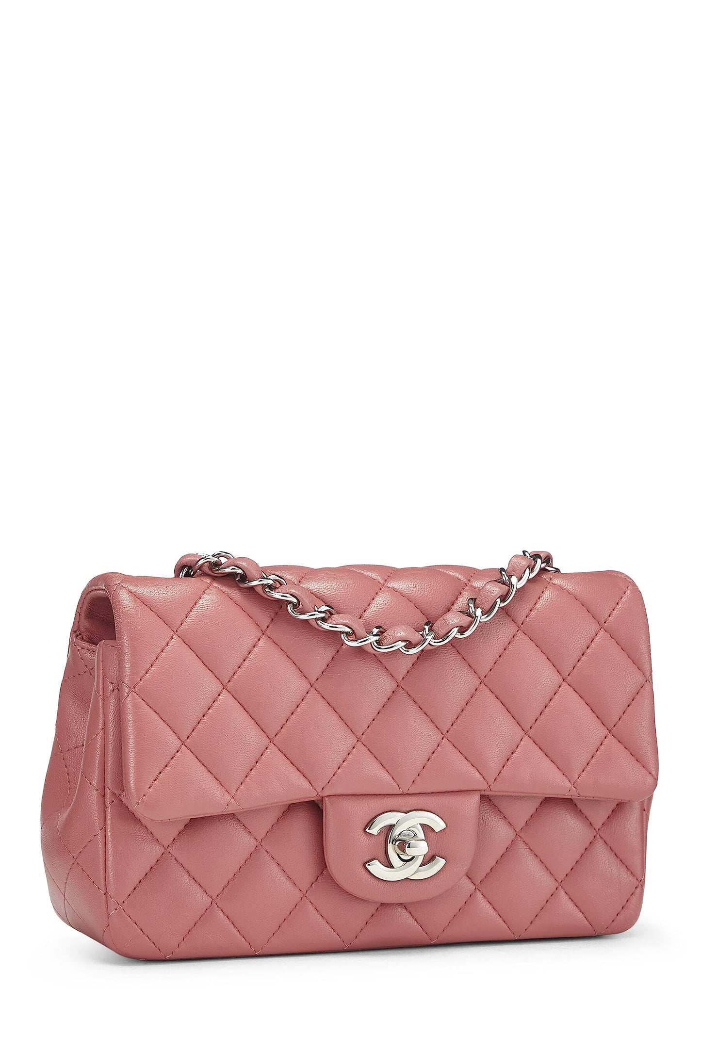 Chanel, Mini sac à rabat rectangulaire en cuir d'agneau matelassé rose d'occasion, rose