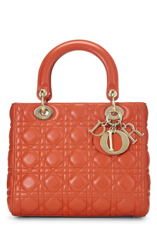 Dior, Pre-Loved Orange Cannage Quilted Lambskin Lady Dior Medium, Orange