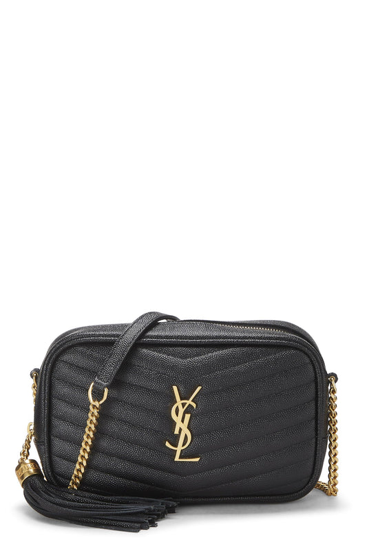 Yves Saint Laurent, sac à main Lou Camera Mini en cuir grainé à chevrons noir d'occasion, noir