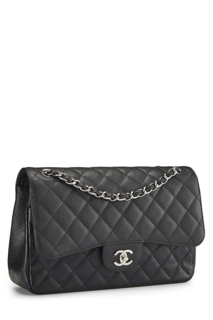 Chanel, New Classic Jumbo en cuir caviar matelassé noir d'occasion, noir