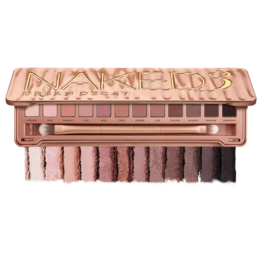 URBAN DECAY Naked 3, palette de fards à paupières neutres rose doux, mat, nacré, métallique, fini scintillant, 12 ombres à paupières mauves, marron et nude, maquillage naturel doux et glamour pour les yeux charbonneux, végétalien, sans cruauté