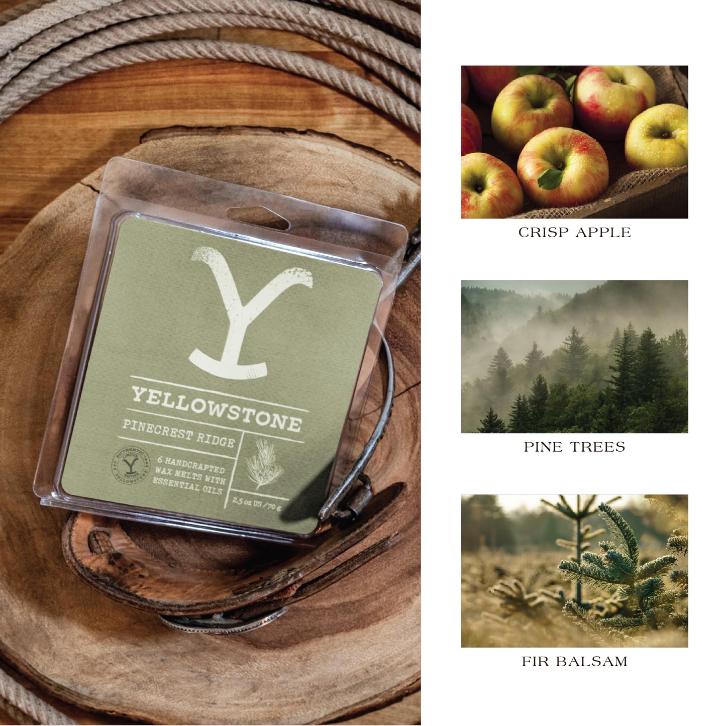 Lot de 3 cires fondantes Yellowstone, 70 g – Paradise Valley, Campfire Suede, Pinecrest Ridge