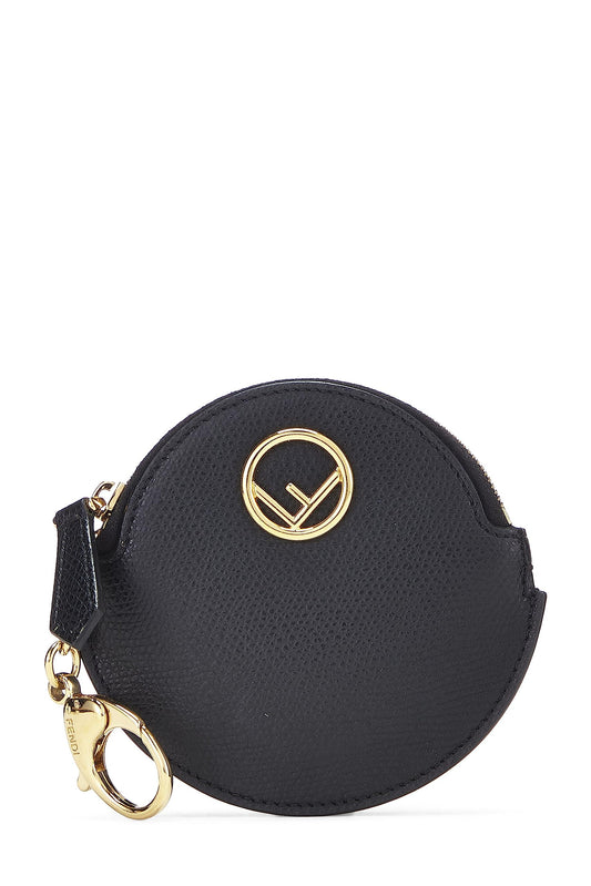 Fendi, porte-monnaie rond en cuir noir d'occasion, noir