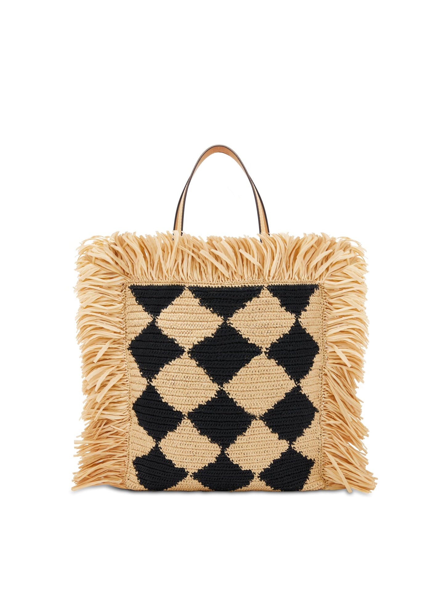 Oscar de la Renta, Tote plano de crochet de rafia a cuadros, Negro natural