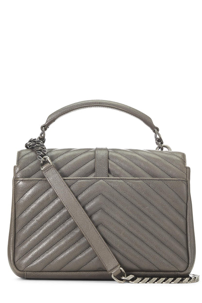 Yves Saint Laurent, Pre-Loved Grey Chevron Leather College Medium, Grey