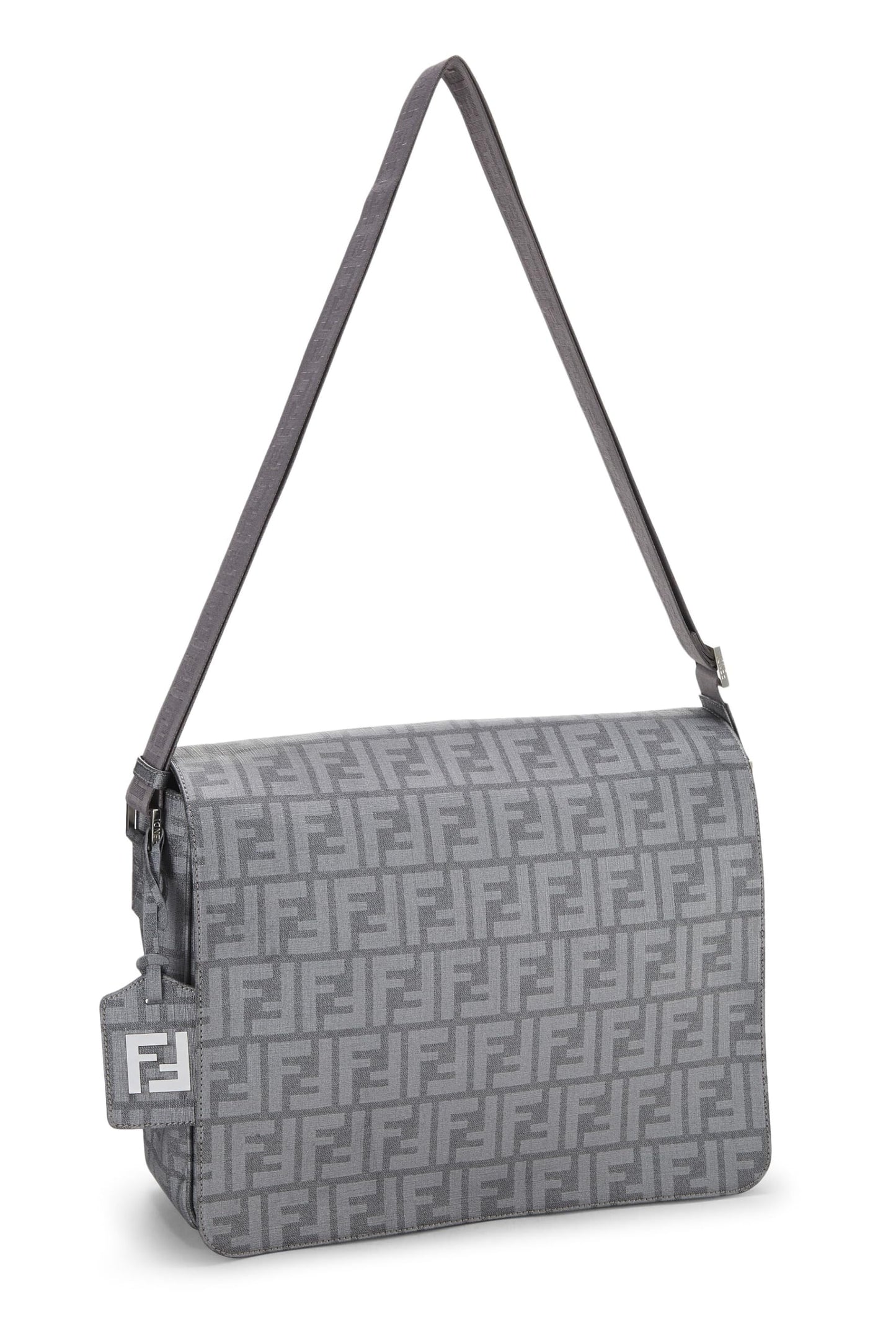 Fendi, sac messager en toile enduite Zucca gris d'occasion, grand modèle, gris