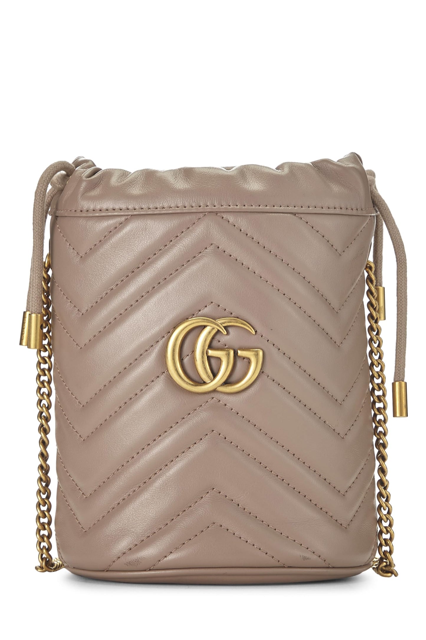 Gucci, sac seau à chaîne GG Marmont en cuir beige d'occasion, petit modèle, beige