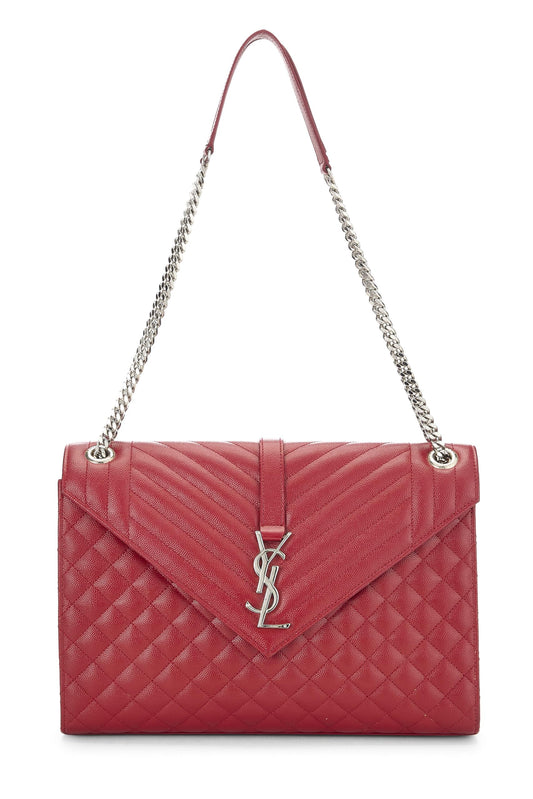 Yves Saint Laurent, Pre-Loved Red Grainy Tri-Quilt Calfskin Envelope Shoulder Bag Medium, Red