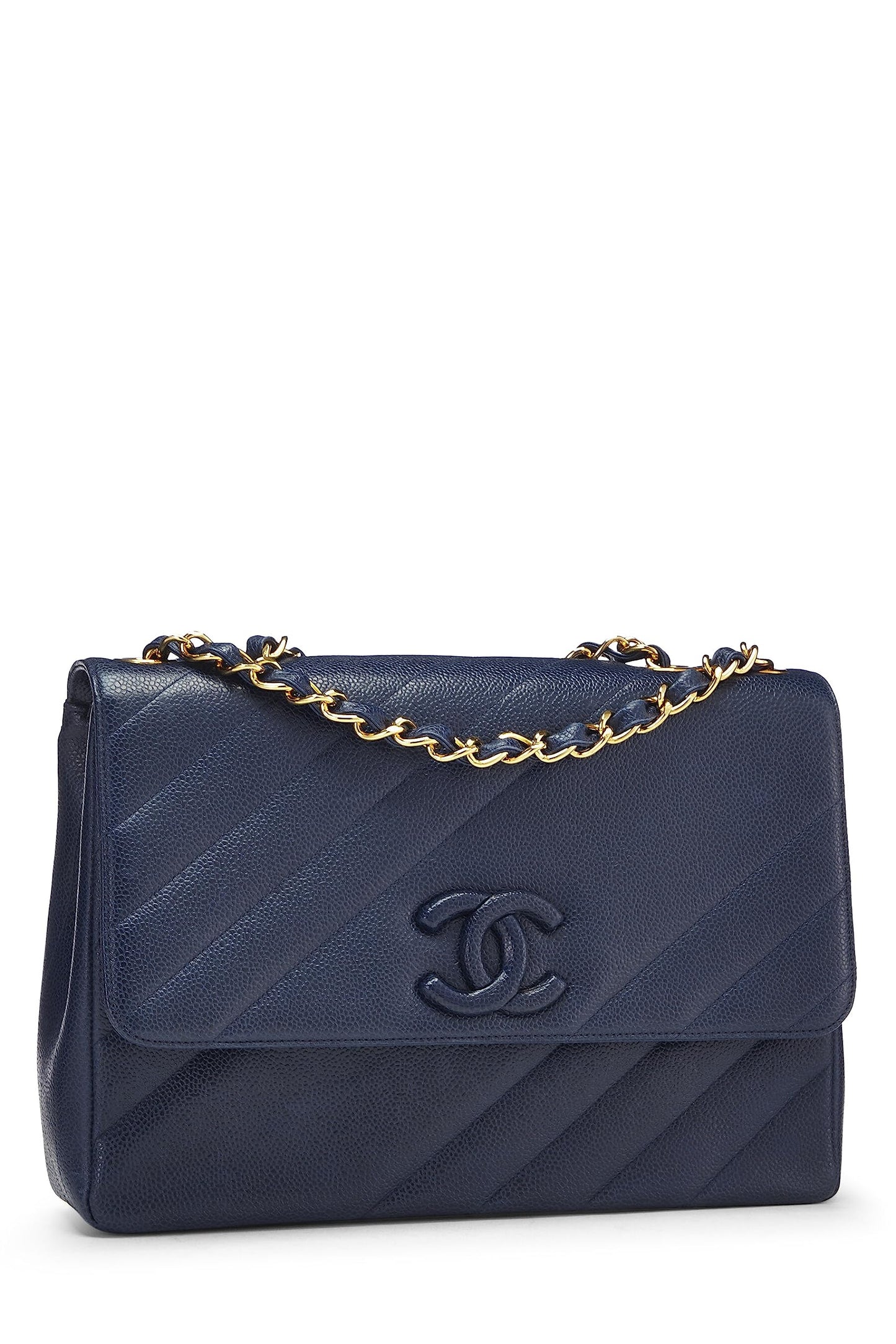 Chanel, sac à rabat géant diagonal en caviar bleu marine d'occasion, bleu