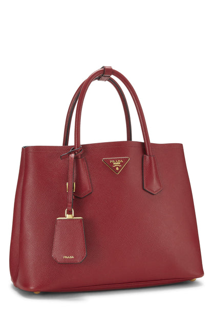 Prada, sac fourre-tout double taille moyenne en cuir saffiano rouge d'occasion, rouge