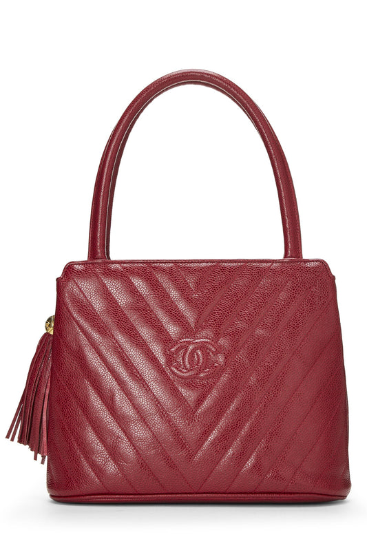 Chanel, Bolso de mano de caviar acolchado rojo Pre-Loved, Borgoña