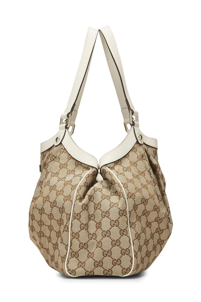 Gucci, Bolso tote Sukey de lona GG original color crema Pre-Loved, Blanco