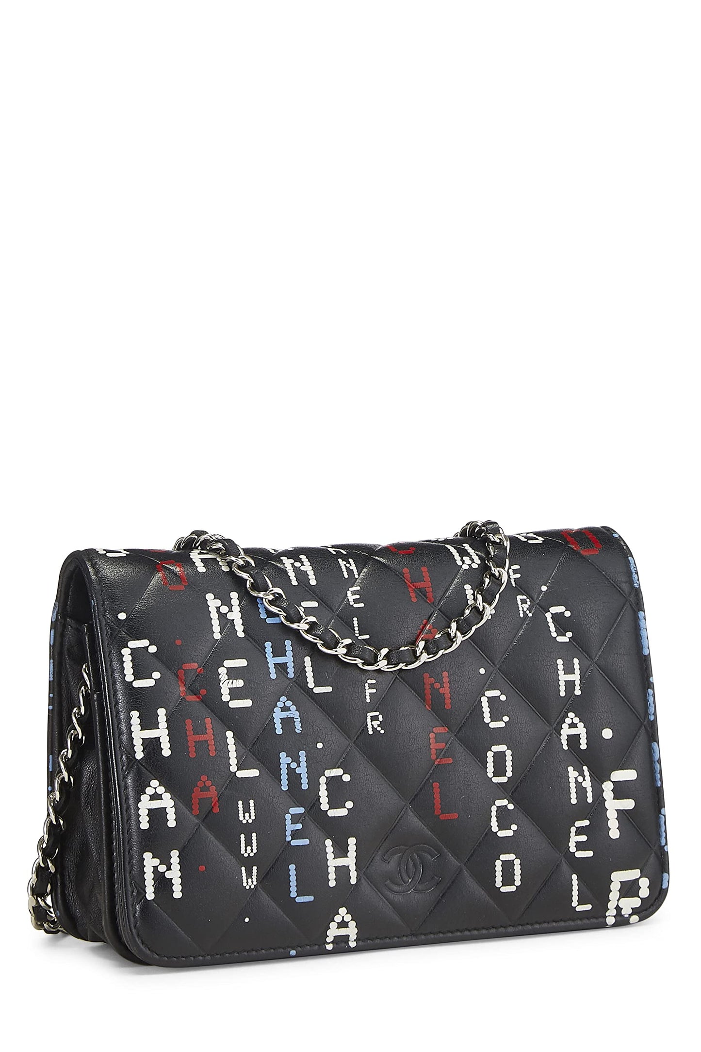 Chanel, portefeuille de centre de données en cuir d'agneau noir et multicolore sur chaîne (WOC), noir