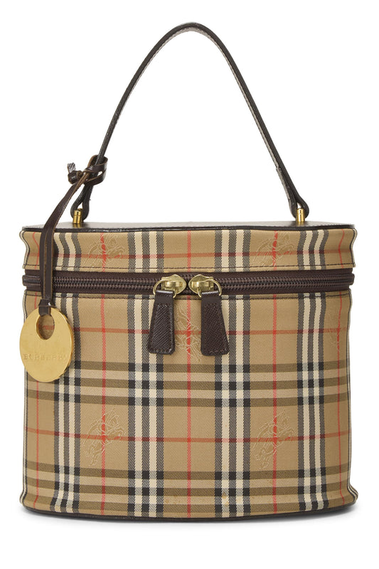 Burberry, trousse de toilette ronde en toile Haymarket marron d'occasion, marron