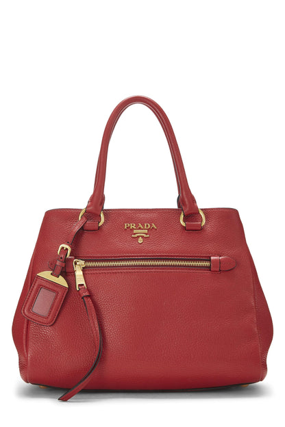 Prada, petit sac cabas convertible Vitello Daino rouge d'occasion, rouge