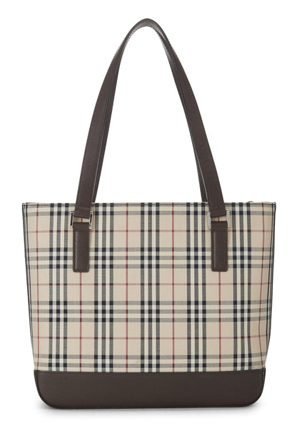 Burberry, sac fourre-tout en toile à carreaux marron d'occasion, petit modèle, marron