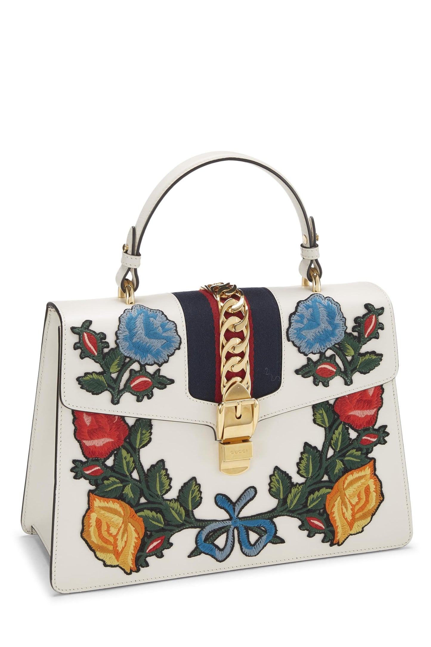 Gucci, Pre-Loved White Leather Embroidered Sylvie Top Handle Bag Medium, White