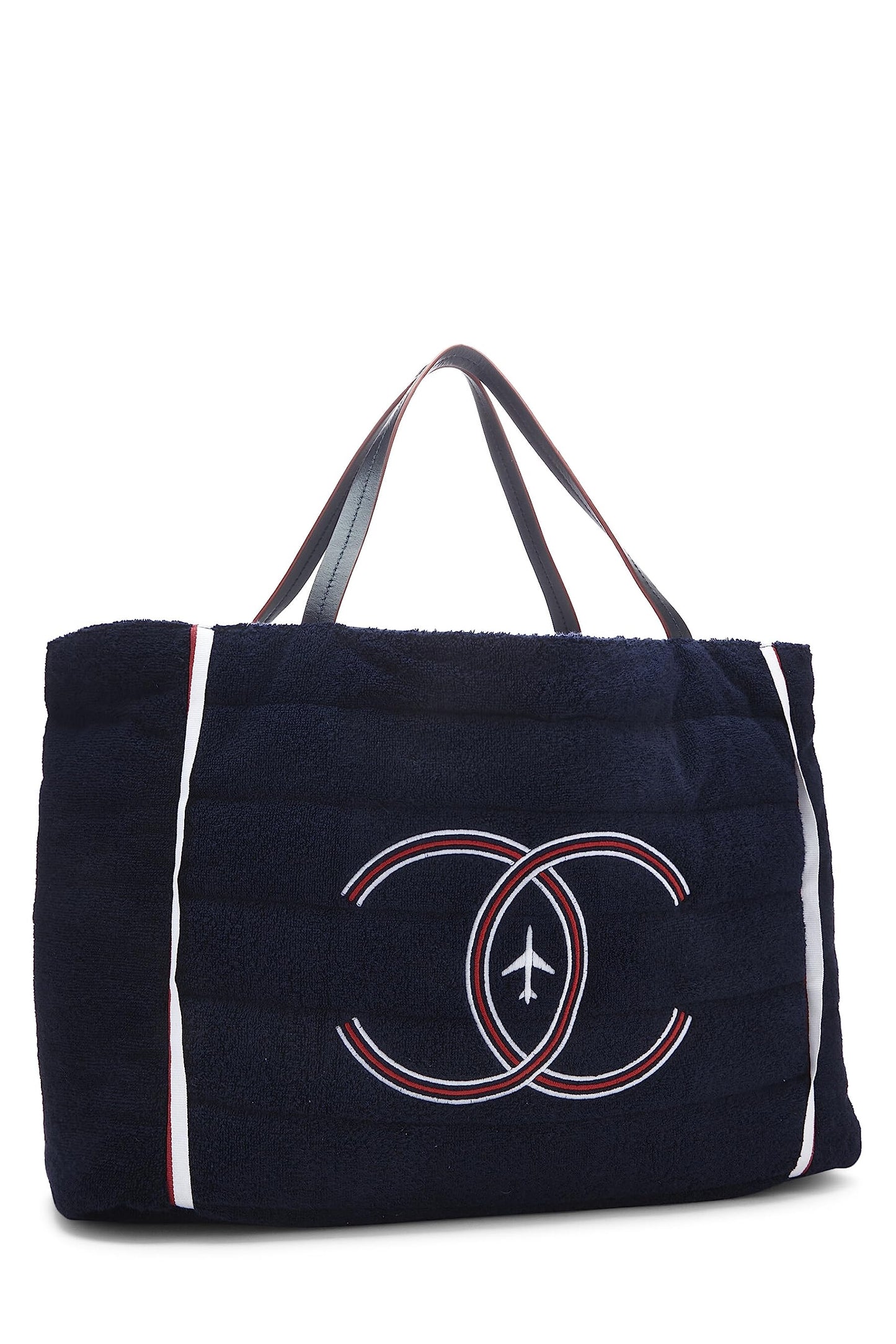 Chanel, Pre-Loved Navy Terry Cloth & Silver Nylon Reversible Airlines Tote Large, Silver