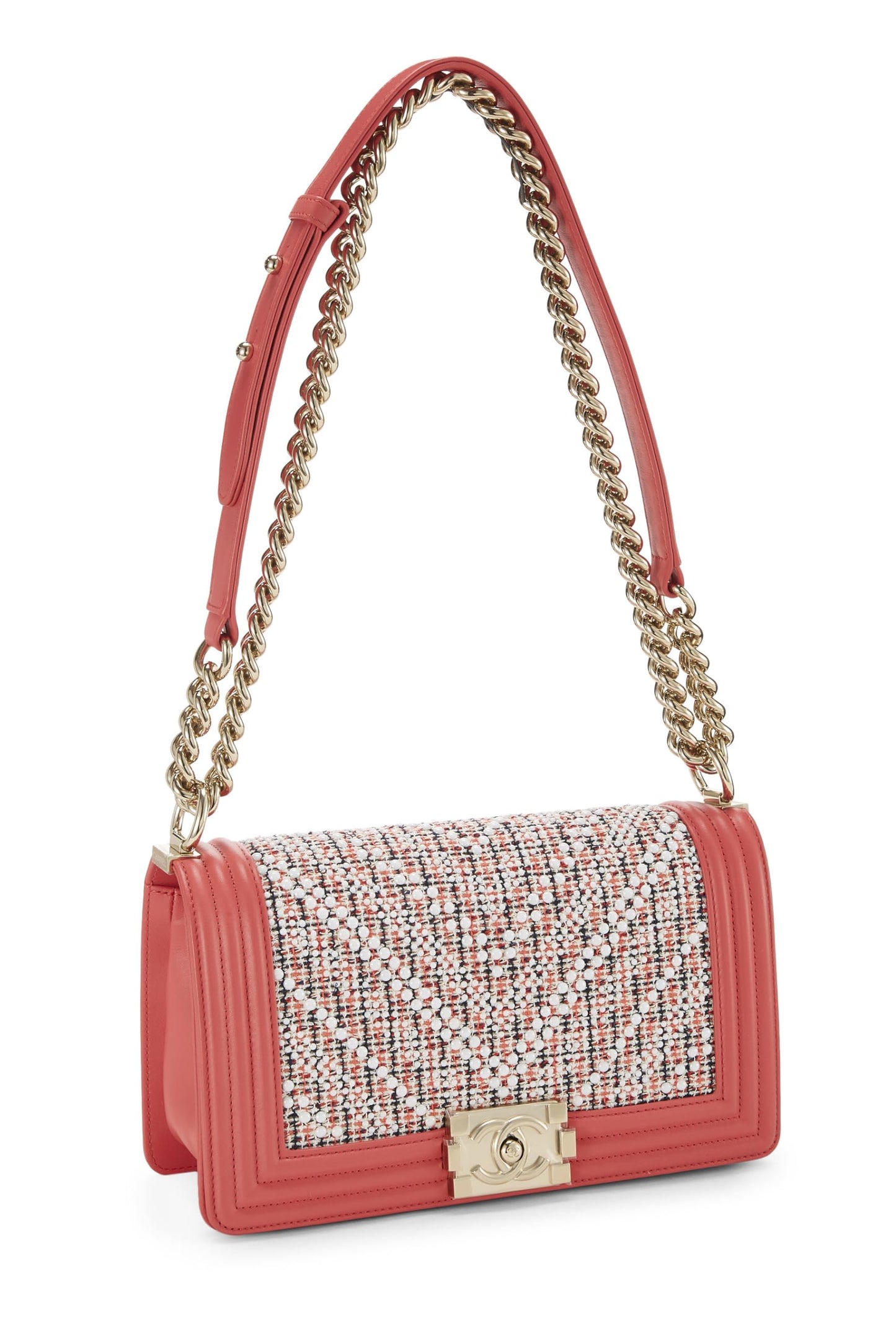 Chanel, sac à main en tweed rose et multicolore Chevron Pearl Boy, taille moyenne, rose