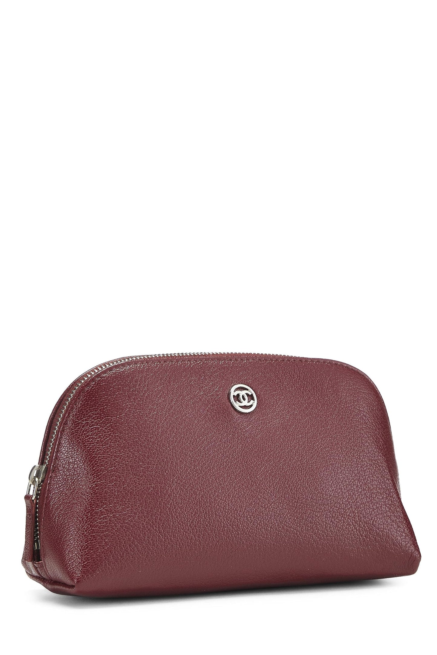 Chanel, pochette cosmétique en cuir de veau bordeaux d'occasion, bordeaux