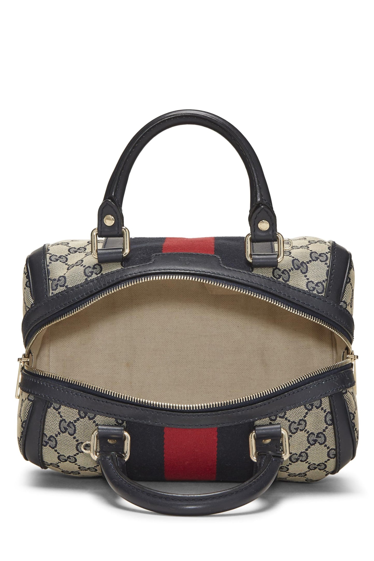 Gucci, Bolso Boston pequeño con tribanda de lona GG azul marino Pre-Loved, Azul marino