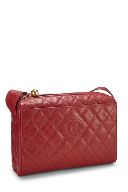 Chanel, Pre-Loved Red Quilted Caviar Diamond 'CC' Camera Bag Large, Red