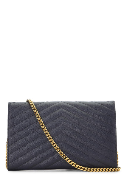 Yves Saint Laurent, Pre-Loved Navy Grainy Calfskin Envelope Wallet On Chain (WOC), Blue