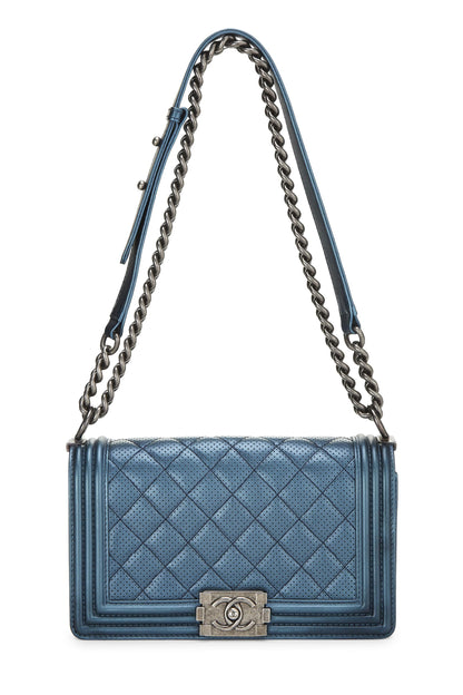 Chanel, Pre-Loved Iridescent Navy Perforated Boy Bag Medium, Navy