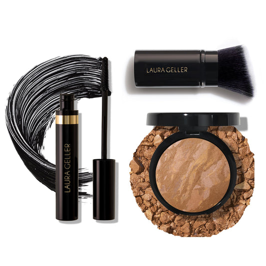 LAURA GELLER NEW YORK Baked Balance-n-Brighten Powder Foundation, Sand + Retractable Angled Kabuki Brush + Kajal Longwear Length and Volume Black Mascara