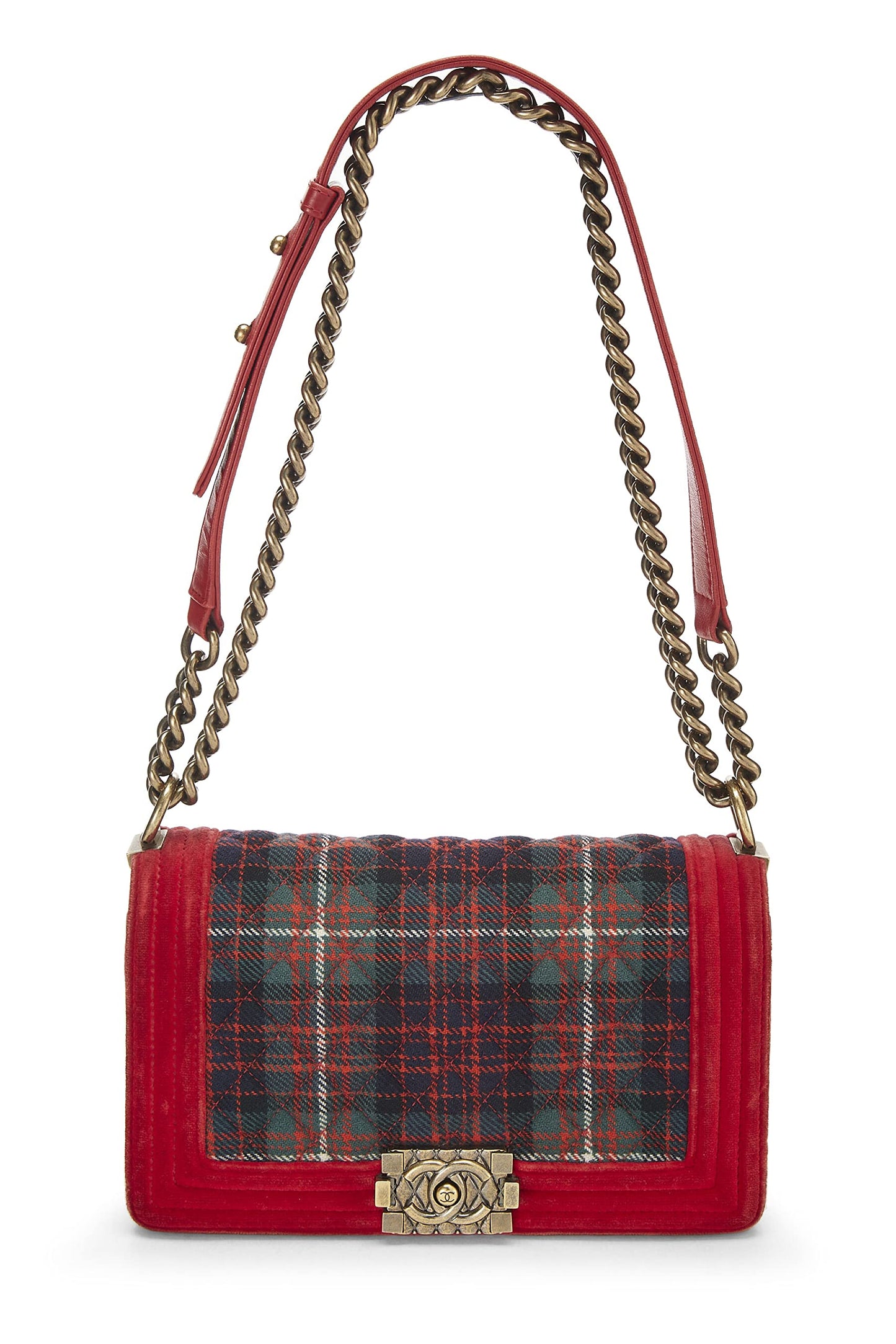 Chanel, sac Boy en velours tartan rouge Paris-Edimbourg d'occasion de taille moyenne, rouge