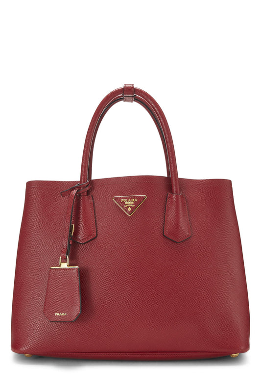 Prada, Bolso tote doble mediano Cuir de piel Saffiano rojo Pre-Loved, Rojo