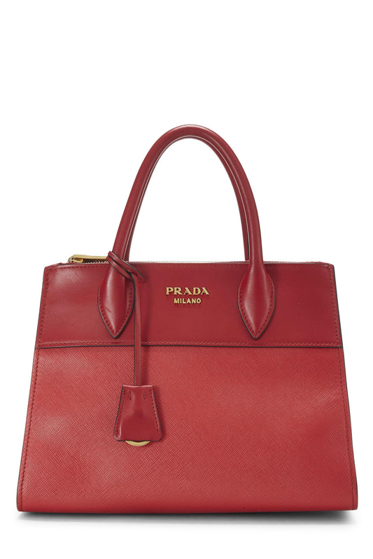 Prada, sac à bandoulière Paradigme City en cuir Saffiano rouge d'occasion, taille moyenne, rouge