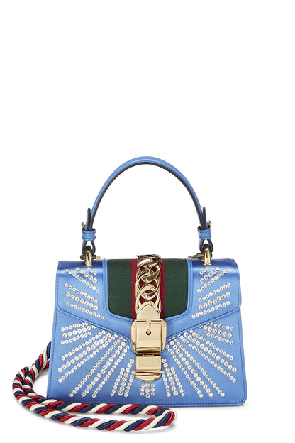 Gucci, Bolso mini Sylvie de satén azul Pre-Loved, Azul