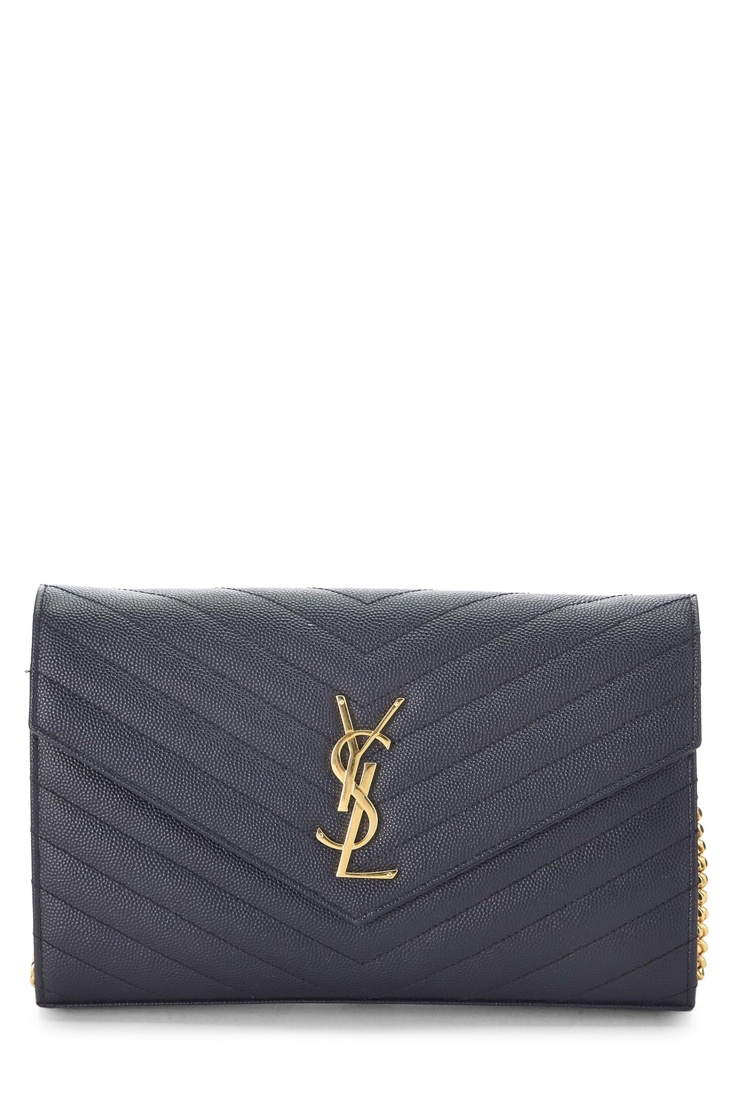 Yves Saint Laurent, Portefeuille enveloppe en cuir de veau grainé bleu marine sur chaîne (WOC), bleu