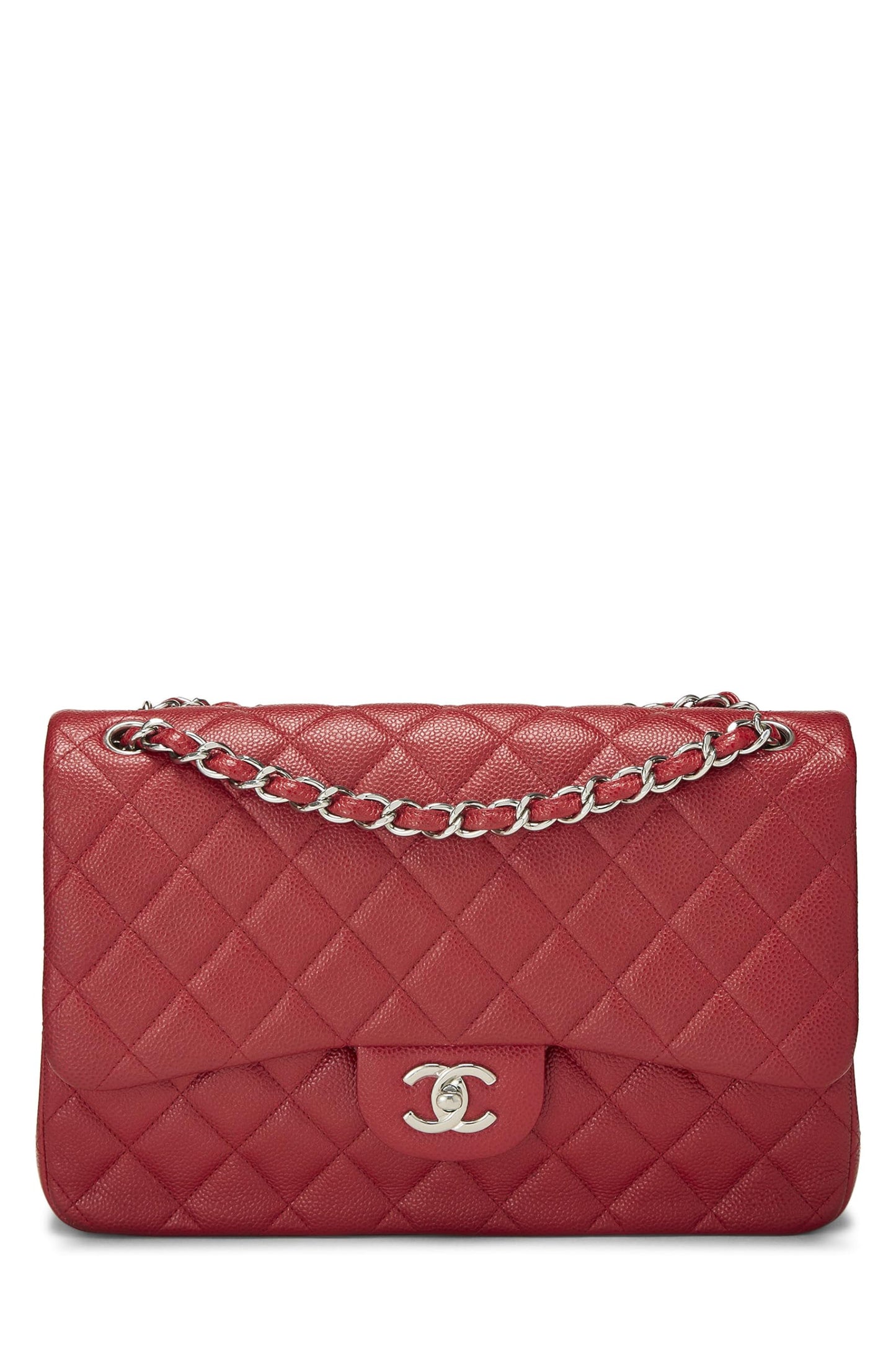 Chanel, Caviar acolchado rojo Pre-Loved New Classic Jumbo con doble solapa, Rojo