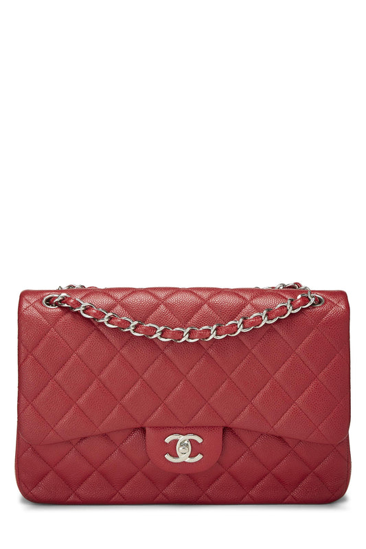 Chanel, Caviar acolchado rojo Pre-Loved New Classic Jumbo con doble solapa, Rojo