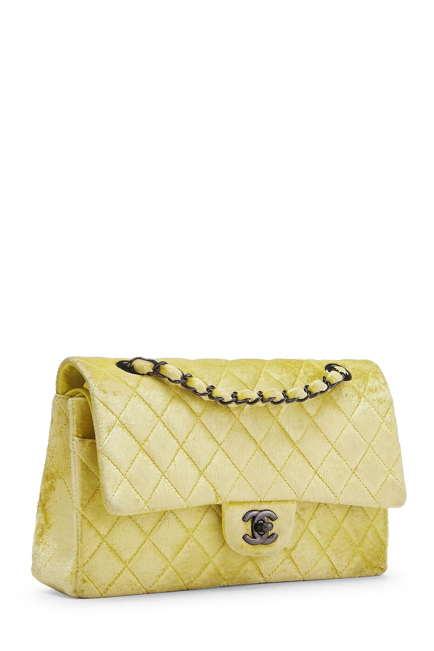 Chanel, Pre-Loved Yellow Quilted Velvet Classic Double Flap Small, Yellow