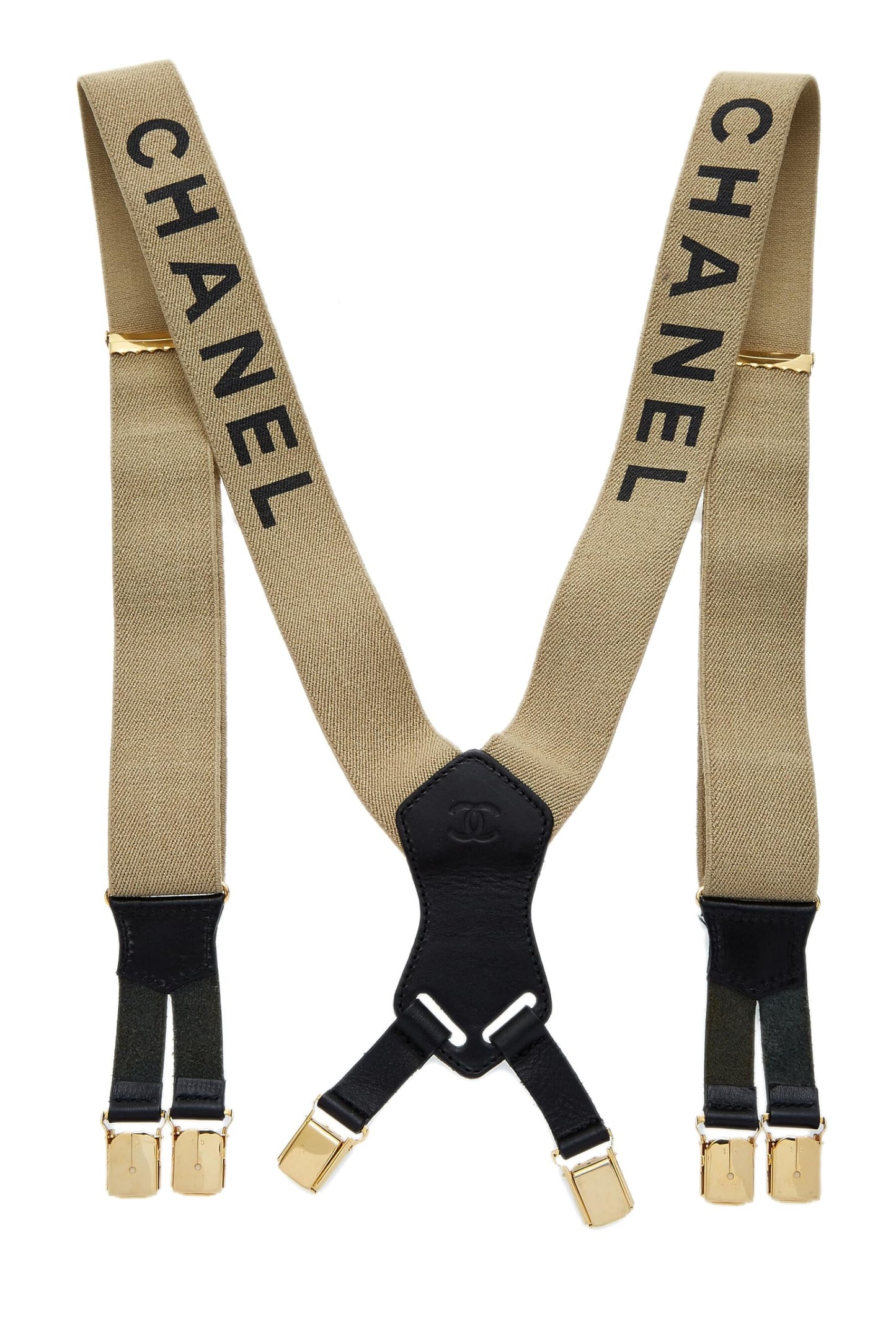 Chanel, Pre-Loved Beige Elastic Logo Suspenders, Beige