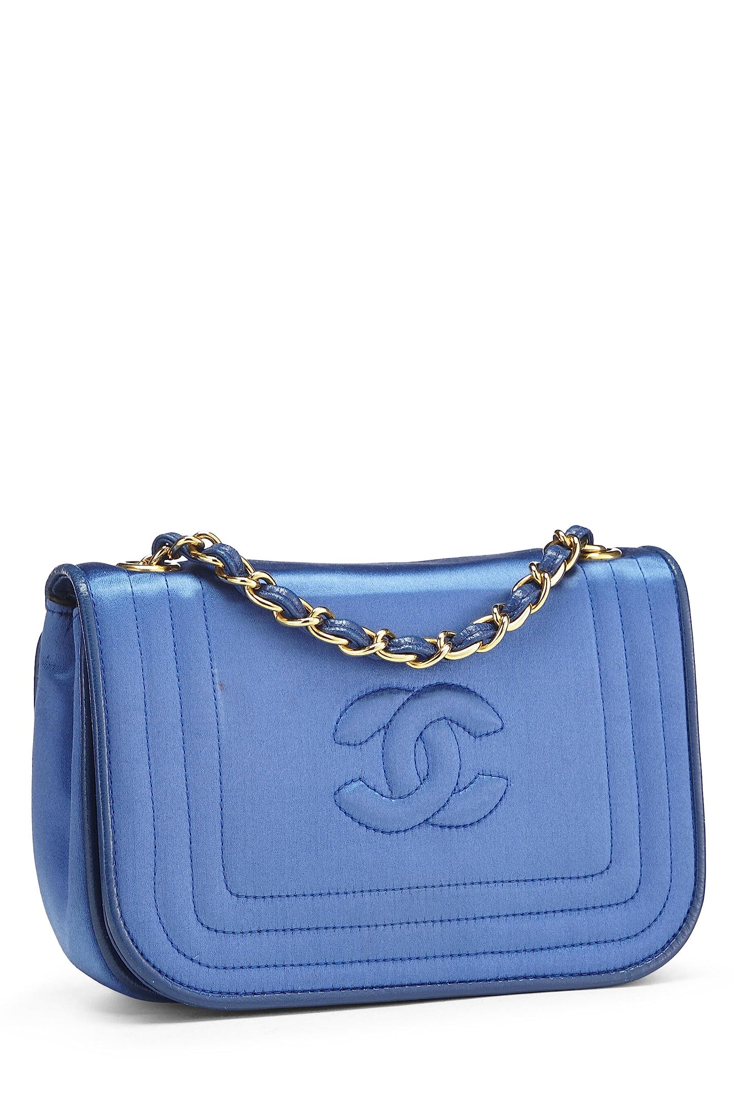 Chanel, Mini sac à rabat en satin bleu Triborder d'occasion, bleu