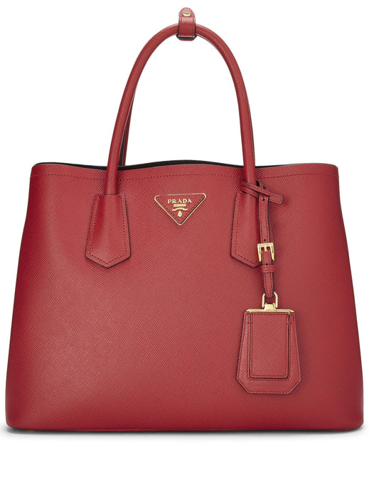 Prada, sac double moyen en saffiano rouge d'occasion, rouge