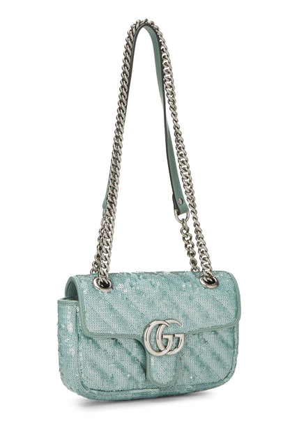 Gucci, Pre-Loved Blue Sequin GG Marmont Shoulder Bag Mini, Blue