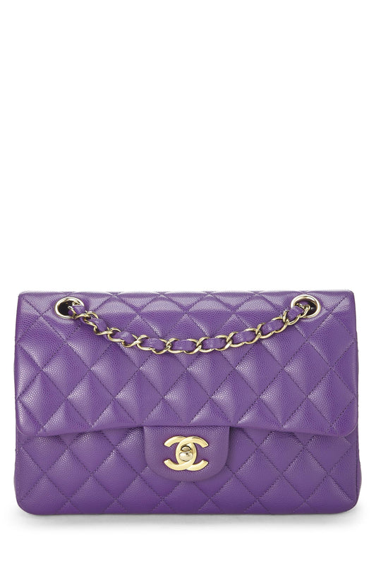 Chanel, sac à main matelassé violet à double rabat classique, petit, d'occasion, violet