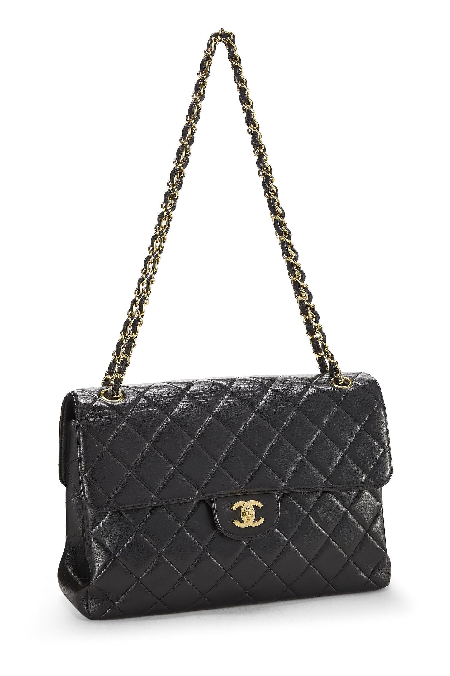 Chanel, sac à rabat classique double face en cuir d'agneau matelassé noir d'occasion, Jumbo, noir