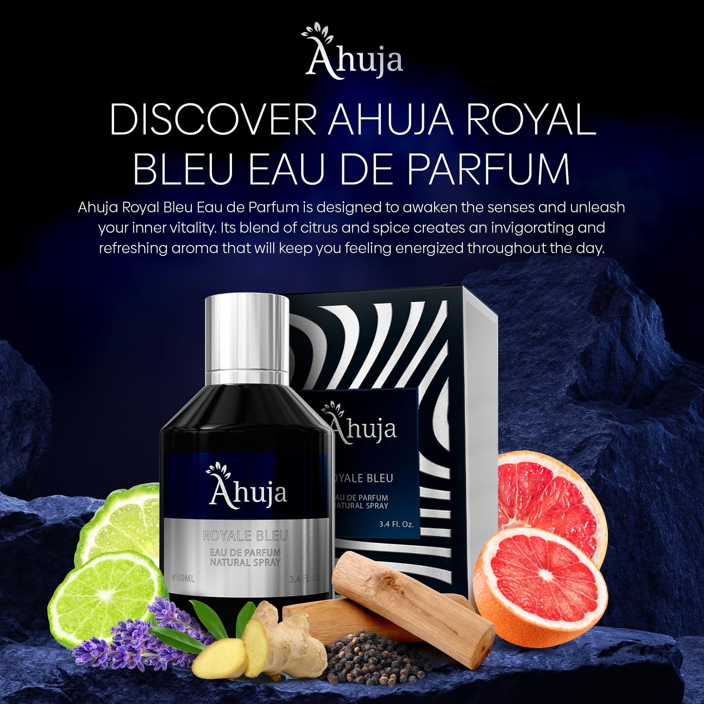 AHUJA Royal Bleu Eau De Parfum para hombres 3.4 fl oz - Colonia para hombres, fragancia para hombres - Perfume duradero para hombres original - Cítricos frescos y maderas profundas, toque cítrico audaz, regalo de aroma de lujo para hombres EDP