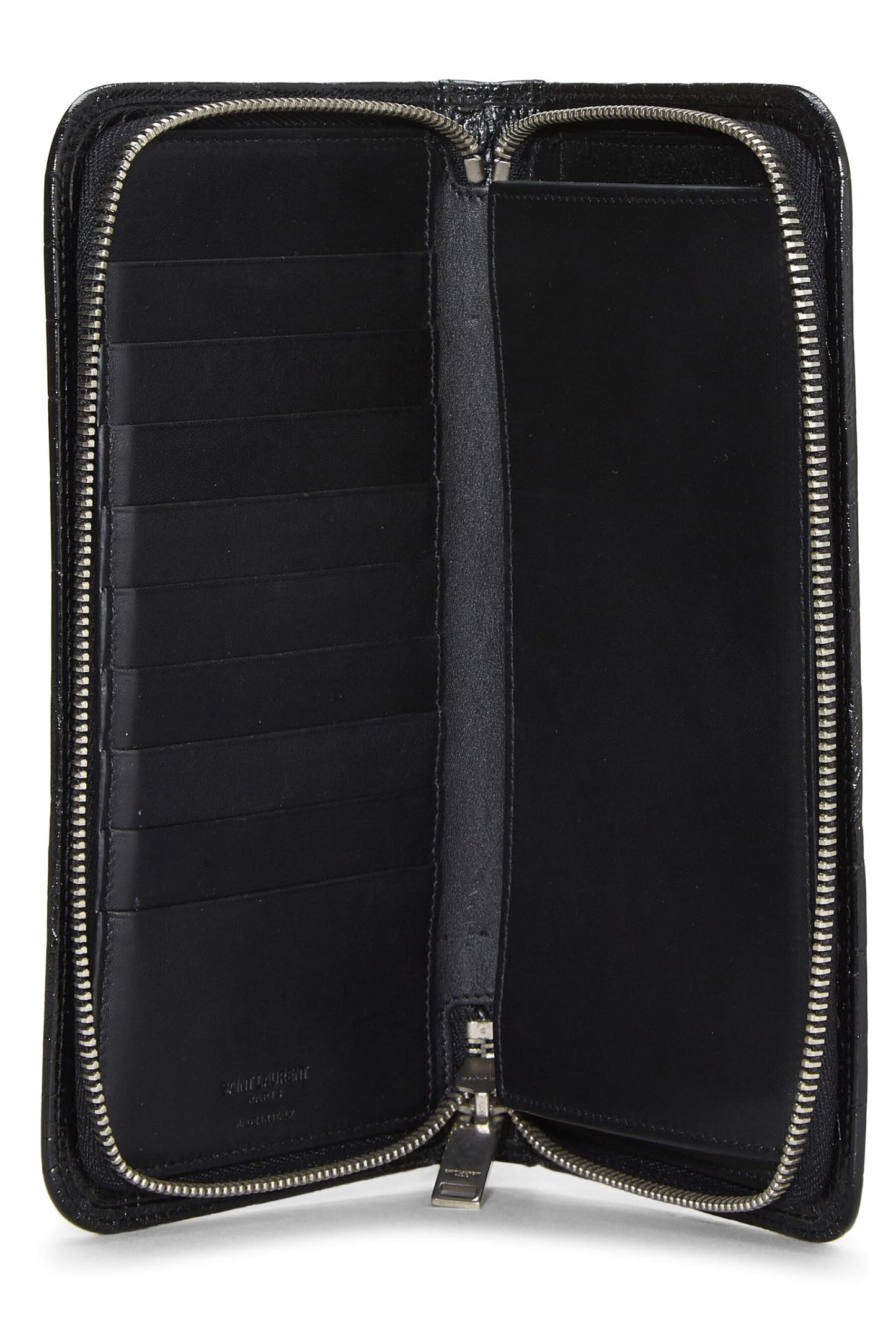 Yves Saint Laurent, Cartera continental con cremallera alrededor de cuero repujado en negro Pre-Loved, Negro