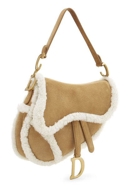 Dior, Pre-Loved Beige Shearling Saddle Bag, Brown