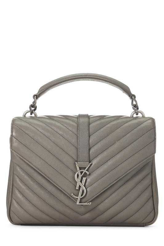 Yves Saint Laurent, Pre-Loved Grey Chevron Leather College Medium, Gris