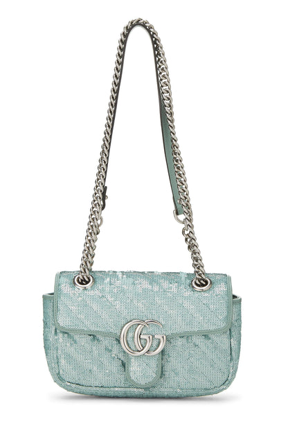 Gucci, Pre-Loved Blue Sequin GG Marmont Shoulder Bag Mini, Blue